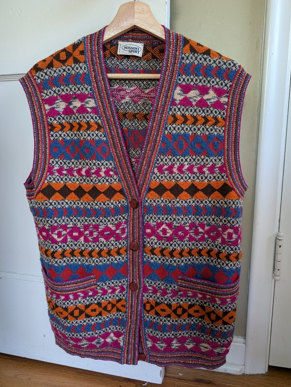 Missoni Sport Multicolor Patterned Knit Button-Front Wool Vest Size 40